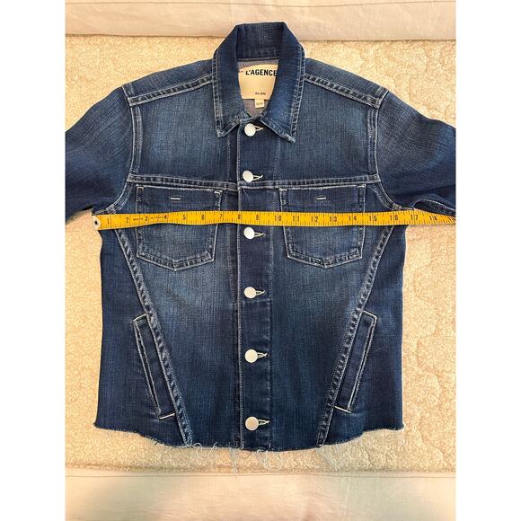 L’AGENCE Janelle Slim Distressed Cropped Jean Jacket Blue Women Size XS - Picture 11 of 14